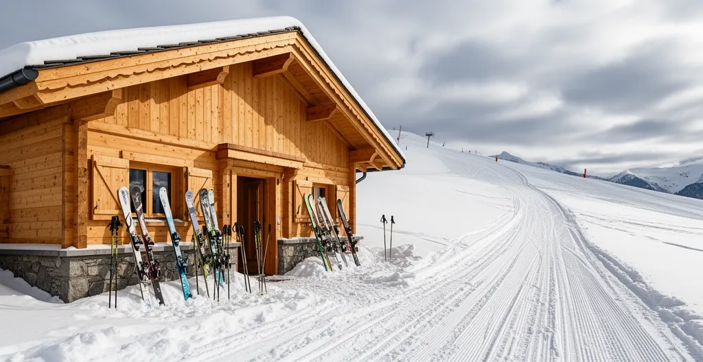 Extérieur d'un chalet savoyard avec des skis plantés dans la neige, montrant un accès direct aux pistes.