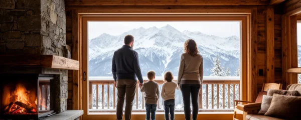 Famille profitant de la vue sur les montagnes enneigées depuis la baie vitrée d'un chalet à Courchevel.