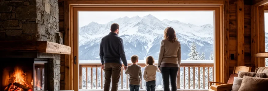 Famille profitant de la vue sur les montagnes enneigées depuis la baie vitrée d'un chalet à Courchevel.