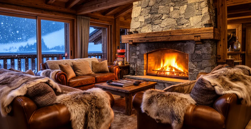 Salon spacieux d'un chalet de montagne à Courchevel, avec une cheminée et des canapés confortables.