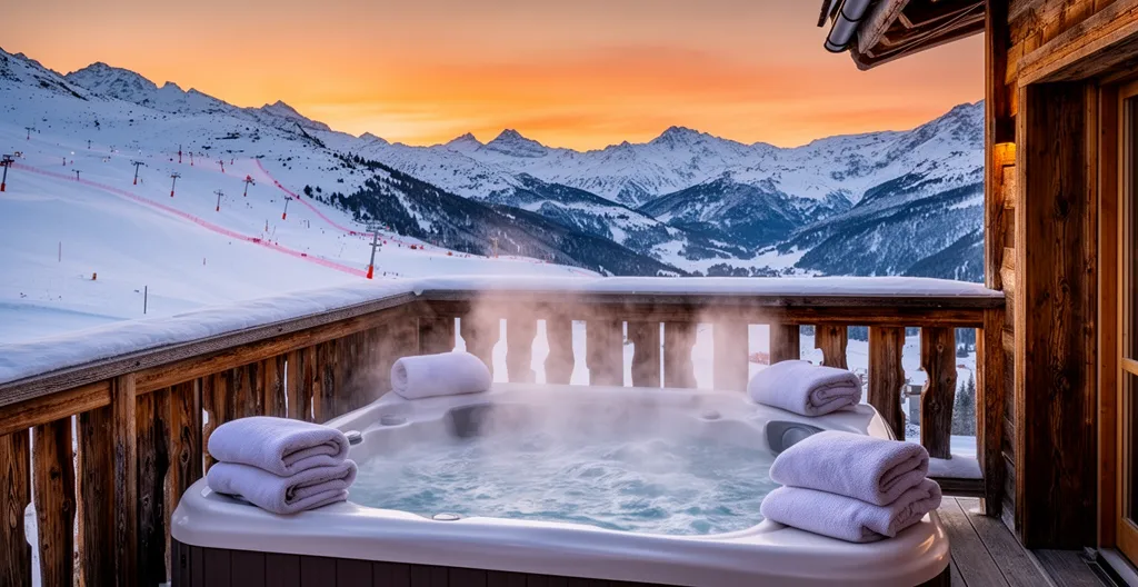 Terrasse d'un chalet de luxe avec un jacuzzi extérieur fumant et une vue sur les pistes de Courchevel.